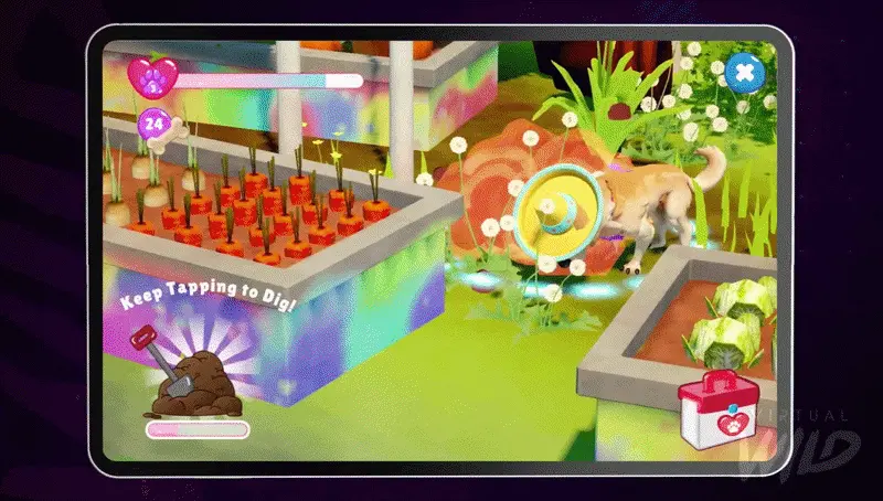Bone-finding mini-game shown on a tablet