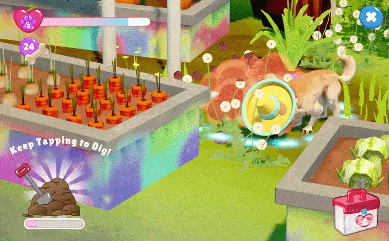 Animated bone-finding mini-game with the virtual therapy dog