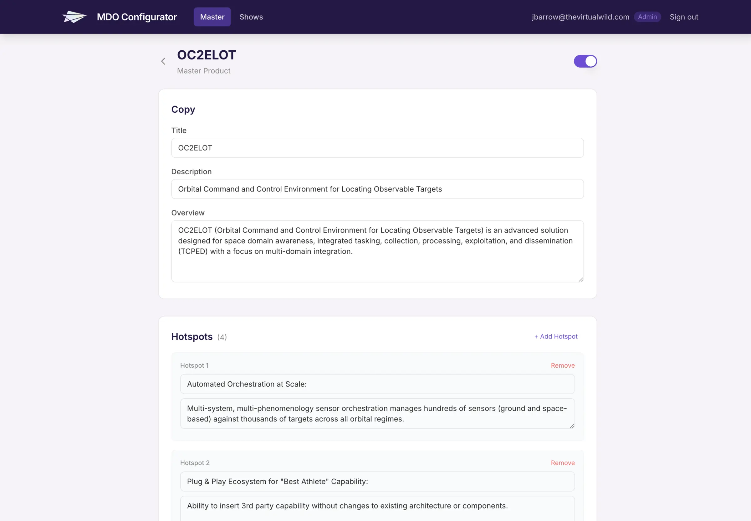 Product editor inside the Leidos defense content-management system